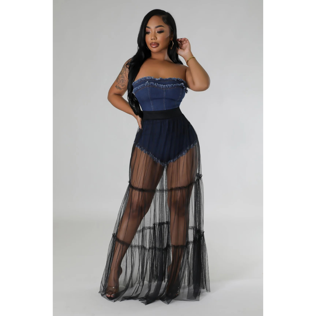 Nightfall Denim Corset Mesh Maxi Dress
