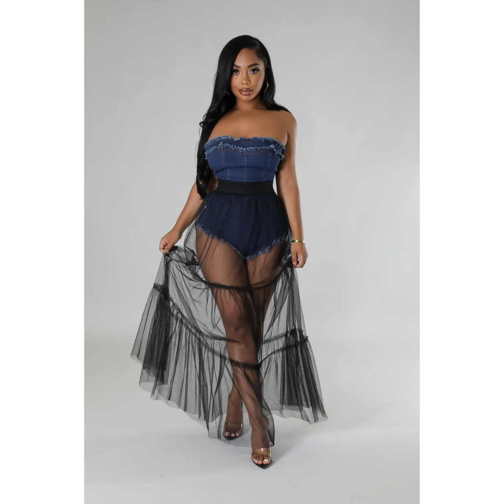 Nightfall Denim Corset Mesh Maxi Dress