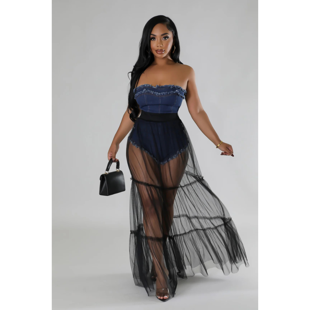 Nightfall Denim Corset Mesh Maxi Dress