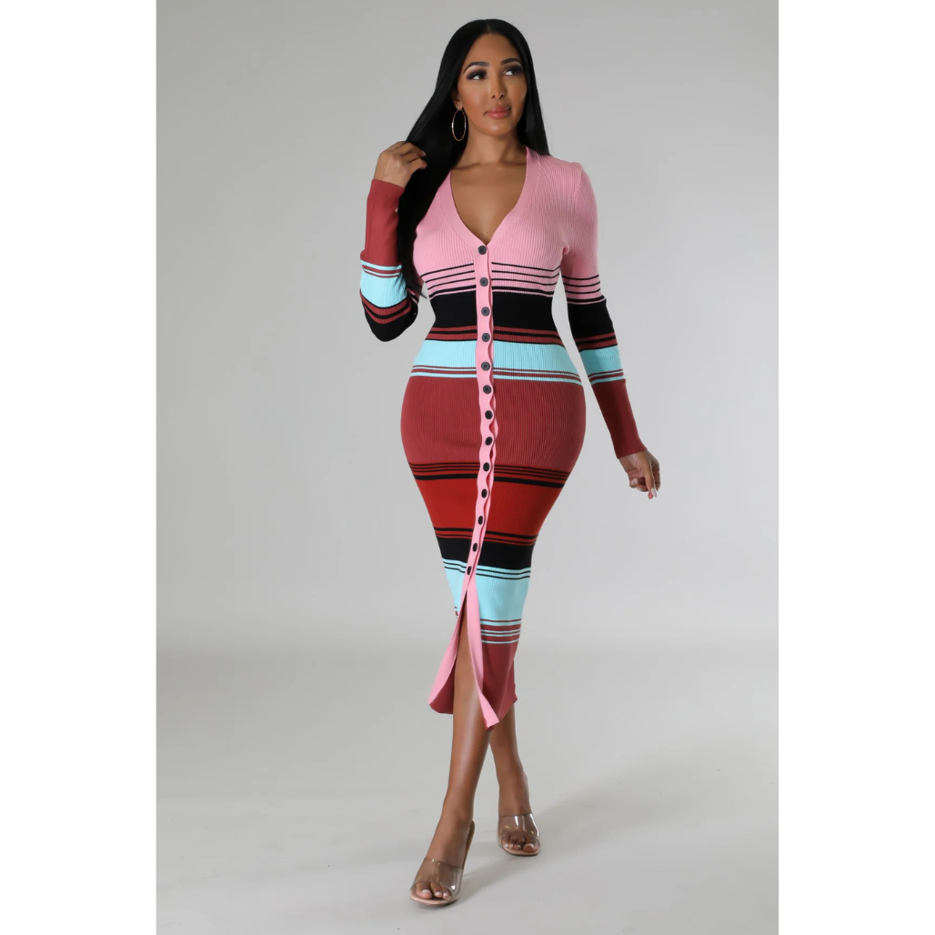 Color-wave Ribbed Sweater Midi Dress