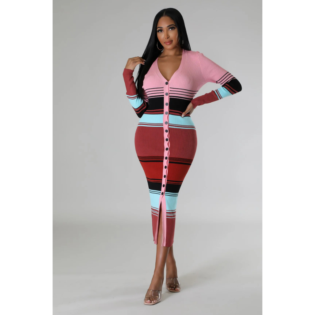 Color-wave Ribbed Sweater Midi Dress